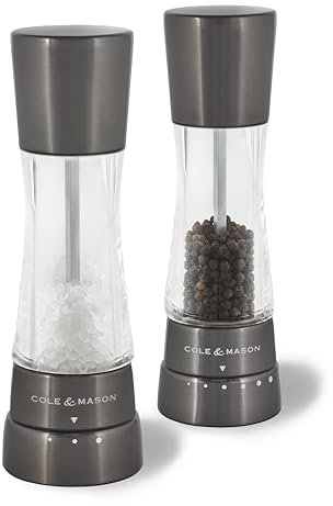 Cole & Mason Derwent Gunmetal Salt and Pepper Mills, Adjustable Grind Settings, Gourmet Precision+, Stainless Steel/Acrylic, 190 mm, Gift Set, Includes 2 x Salt and Pepper Grinders