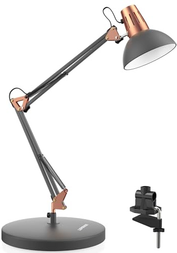 LEPOWER Metal Desk Lamp, Adjustable Goose Neck Architect Table Lamp with On/Off Switch, Swing Arm Desk Lamp with Clamp, Eye-Caring Reading Lamp for Bedroom, Study Room &Office (Sandy Black)