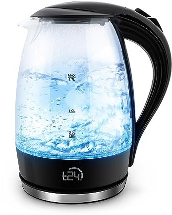 T24 Bouilloire en verre 1,7 l, 2200 W, éclairage LED, 100% sans BPA, verre borosilicate épais, protection contre la marche à sec, socle en acier inoxydable 360°, certifié TÜV Rhénanie GS, noir