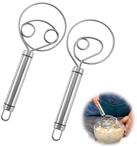 Batidora de Masa Danesa Mezclador Giratorio de Empuje Danés Batidor de Acero Inoxidable Manual Cocina Batidor Doble Bucle Batidor de Huevos Cortador Mezclador para Manual Cocina Mezclar Remover 2*PCS