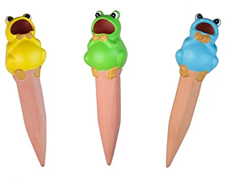 Terracotta Plant Self Watering Spikes - Set of 3 Terracotta Self Watering Bulbs, Self Watering Stakes, Self Watering Globes for Pot Plants (Frogs Painted, Large)