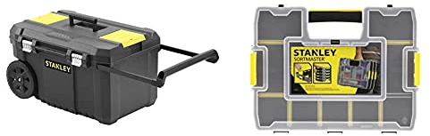 STANLEY Rolling Toolbox Chest with Heavy Duty Metal Latch, 2 Lid Organisers for Small Parts, Portable Tote Tray & Sortmaster Stackable Storage Organiser for Tools, Small Parts, Adjustable Compartments