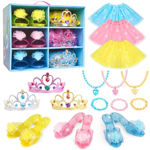 MELAND Princess Dress Up Shoes - 3 Set Girls Princess Costumes with Shoes, Crowns, Accessories, Toys for 3 4 5 6 Year Old Girls