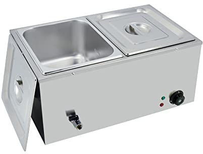 TAIMIKO Bain Marie électrique en Acier Inoxydable 220-240V 1500W Commercial Chauffe Plat 2 Bacs Casseroles avec Robinet de vidange Contrôle de la température