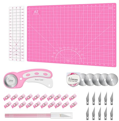 Rotary Cutter Set Pink - Quilting Kit incl. 45mm Fabric Cutter, 5 Replacement Blades, A2 Cutting Mat, Acrylic Quilting Ruler and Sewing Clips, Craft Knife Set, Ideal for Crafting, Sewing, Patchworking