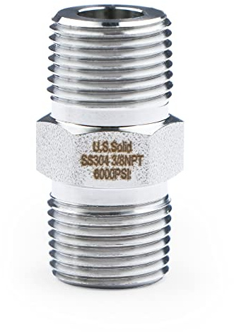 U.S. Solid 304 Stainless Steel Hex Nipple, 6000 psi High Pressure Heavy Duty Pipe Fitting, 3/8 x 3/8 NPT Male Thread Pipe Adapter(1 pc)