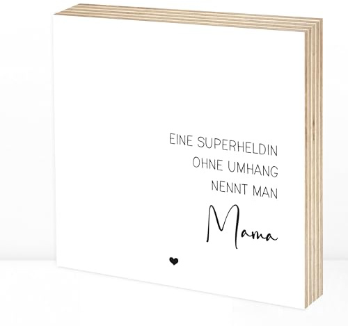 Wunderpixel® Holzbild Geschenk Mama Superheldin - 15x15x2cm zum Hinstellen/Aufhängen, echtes Foto mit Spruch auf Holz - schwarz-weißes Wand-Bild Aufsteller Dekoration Idee