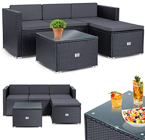 KESSER® Polyrattan Lounge Aruba - Gartenlounge für 3-4 Personen Gartenmöbel-Set Sitzgruppe aus 3er Gartensofa, Sessel, Hocker und Beistelltisch mit Sitzkissen - Garten, Terrasse, Balkon, Anthrazit