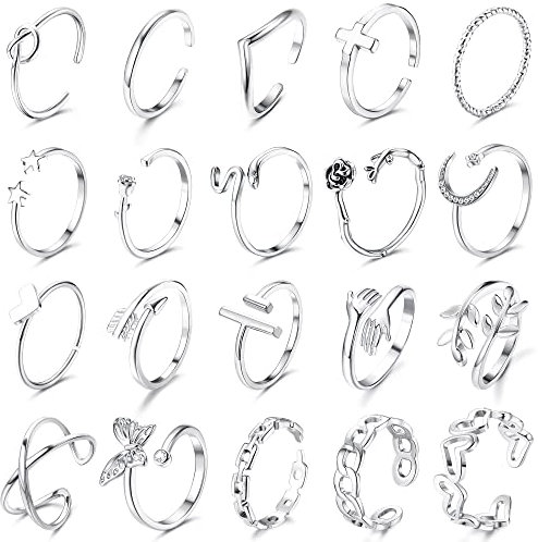 CASSIECA 20 Stücke Silber Ringe Set Verstellbare Finger Ringe Offene Knoten Verschiedene Stapelbare Gelenkschwanz Strand Schmetterlings Herz Schmuck für Frauen Mädchen