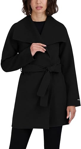 Tahari Women's Double-Faced Luxury Soft Wool Blend Peacoat- Wrap Wool Coat with Removable Belt, Ebony, Large