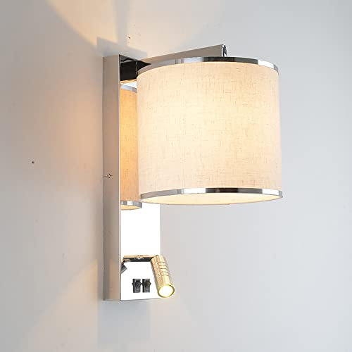 Jadssox Moderne Wandleuchte, weiße Stoffwandlampe, Nachttischlampe mit Schalter, verchromtes Kopfteil, LED-Wandschwenker, Scheinwerfer zum Lesen, Schlafzimmer, Wohnzimmer, Arbeitszimmer