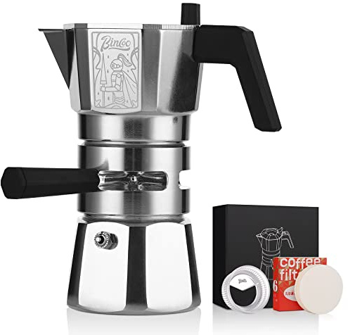 Bincoo 120ML/2 Cup Stovetop Espresso Maker Double Valve Moka Pot with Thermostat Extractor,Italian Espresso Moka Pot with Powder Dispenser and Filter Paper for Home,Silver