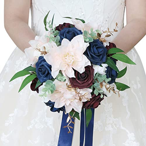 Herbests Hochzeit Blumenstrauß,Künstliche Rose Blumen Hochzeit Bouquets Brautstrauß Braut Brautjungfer für Hochzeit Gefälschte Rose Koreanischen Stil Blumenstrauß für Hochzeit,Fotoshooting,Rot Blau