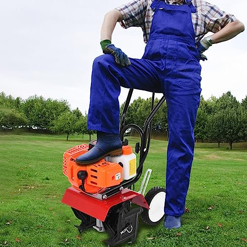 HshDUti 52CC Garden Petrol Tiller,3HP 2-Strokes Engine Rotavator Tiller Garden,9000RPM, 1.2L Fuel Tank, 6-inch Working Depth Cultivator Rotovator Orange