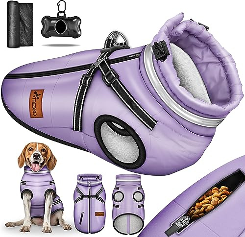 TRESKO® Hundejacke Winter mit Reflektoren mit 15 Stück Kotbeutel + Spender | Hunderegenmantel wasserdicht | Hundemantel mit Geschirr | Hunde Winterweste gefüttert für kleine, mittelgroße und große Hunde