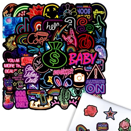 MsTeco 100 Stück Neon Aufkleber Sticker, Graffiti Wasserfeste Aufkleber Set Vintage für Skateboard Laptop Koffer Helm Motorrad Auto Fahrrad Computer