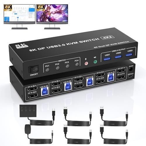 8K@60Hz Displayport KVM Switch Dual Monitor, 4K@120Hz KVM Switches 4 PC 2 Monitore mit 3 USB 3.0 Anschlüssen und Audio-Mikrofon-Ausgang, DP Monitor Switch für 4 Computer mit gemeinsamem 2 Monitor