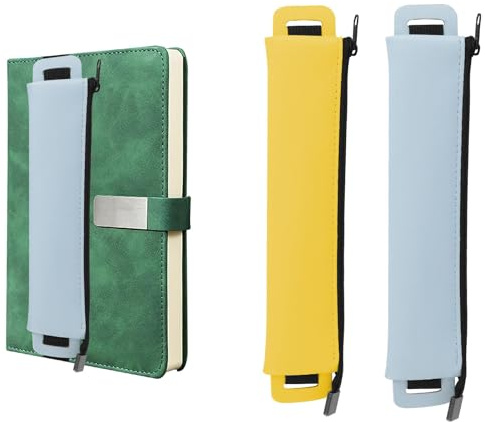 2 Pezzi Portapenne con Fascia Elastica, Porta Penne Picco in PU Pelle, Custodia Portamatite per Libri (Blu, Giallo)
