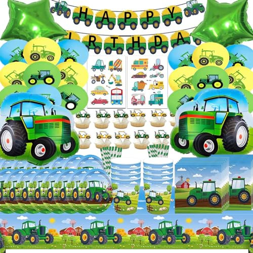 130 Stück Traktor Partygeschirr geburtstag 20 Gäste, Traktor Geburtstags Geschirrset, Pappteller Trecker, Traktor Luftballon, Traktor Geburtstag Deko Tassen Servietten Traktor Tischdecke Banner