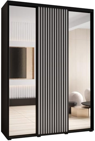MEBLE KRYSPOL Sapporo 2 Moderner Schrank mit DREI Schiebetüren mit Spiegel, Stange, Regalen - Aufbewahrungsschrank für Schlafzimmer, Wohnzimmer - 205,2x170x45 cm - Schwarz Weiß Schwarz