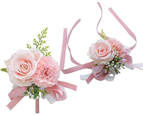Rfeeuubft 2-teiliges Blumen-Handgelenk-Ansteckkorsagen-Set, künstliche und Nelken-Handgelenk-Ansteckblume für Braut und Bräutigam (Rosa)