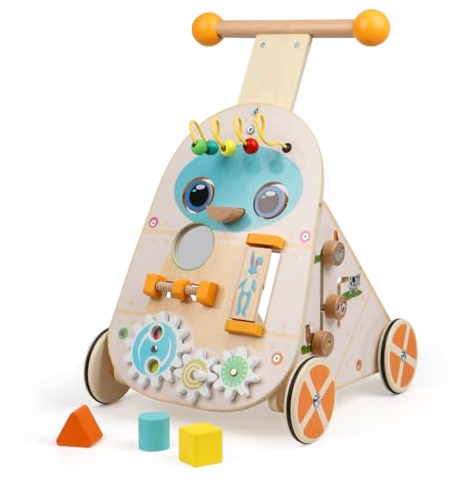 Canuan Wooden Baby Walker, Adjustable Speed Push and Pull Learning Activity Walker, Toddler Push Walker Activity Center Toys with 7 Educational Activities for Boys Girls 1 2 3 Year Old