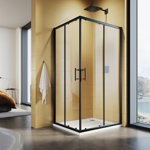 SUNXURY Cabine de douche 70 x 90 x 195 cm - Entrée d'angle avec double portes coulissantes - Cadre noir - Verre de sécurité de 5 mm (ESG) - Montage transparent sur receveur de douche ou carrelage