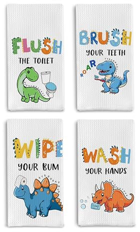 Qpenm Decoración de baño para niños, juego de 4 toallas de mano de dinosaurio para niños, toallas de mano para niños, toallas de mano para baño, decoración de baño para niños y niñas, lavado con