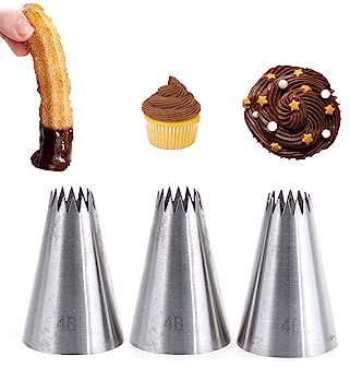 Boquilla de estrella francesa 4B, punta de glaseado grande 4B para conchas, bordes, ondas, churros y decoración de pasteles, 3 piezas