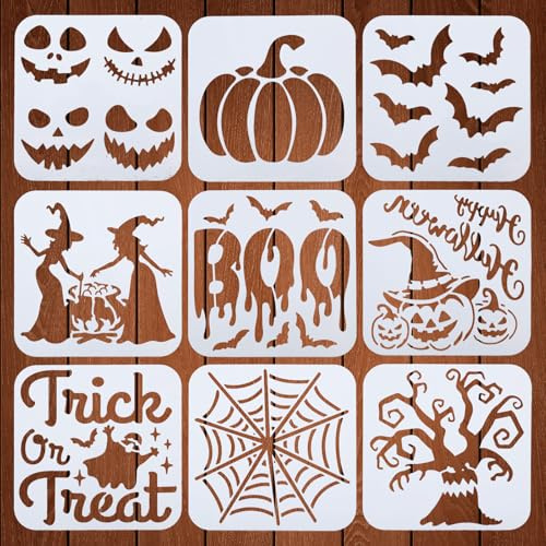 ORIGACH 9 Stück Halloween Schablonen für DIY, Wiederverwendbar | rick or Treat Malerei Schablone, Kunststoff Wand Malen Schablonen, Malschablone Set für Scrapbooking Holz Boden Wand Fliesen