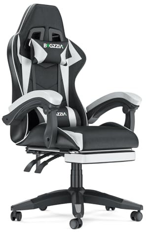 bigzzia RGB Gaming Chair with LED Lights and Ergonomic Computer Chair Reclining PU Leather High Back Video Game Chair (With Footrest, Black/White)