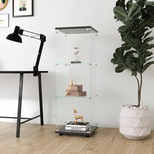 BPKADHY Glasvitrine Standvitrine, Vitrinenschrank mit Schloss und 1 Türen 3 Etagen Vitrine mit Glas Sammlervitrine für Sammlerstücke, Bücher, Modelle (1 Tür, 3 Etagen, Schwarz)