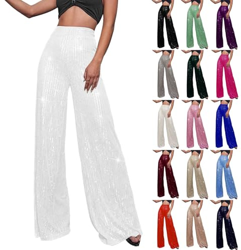 Glitzer Hose Damen Lang Gold- PaillettenHose Silber Pailetten Hose Lang Palazzo Hose Glänzende Hosen High Waist Jogginghose Langes Yoga Hosen Karneval Kostüm Silvester Outfit Glitzerhosen