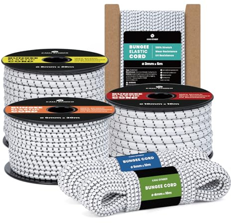 Kamu Synber Gummiseil 4mm x 20m Expanderseil Spanngummi Spannseil Gummischnur für Anhänger, Sonnensegel, Plane | UV Beständig Wetterfest | Weiß/Schwarz