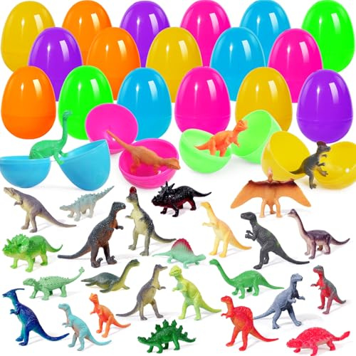 Huevos de Pascua precargados con juguetes Dinosuar para niños, 24 piezas de cesta de Pascua, relleno de caza de huevos, premios para el aula