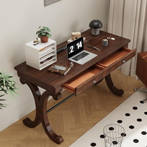 LEEMTORIG Traditional Solid Wood Writing Desk, Large Secretary Desk with 2 Drawers, Mahogany Cherry Wood Writing Table for Home Office, 47.2 W French Provincial Desks, Cherry Walnut SSZ-D0036-DCR