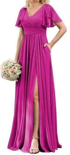 KURFACE Vestido de dama de honor de gasa con cuello en V para mujer, para boda, con abertura, manga corta, vestido formal, fucsia, 36