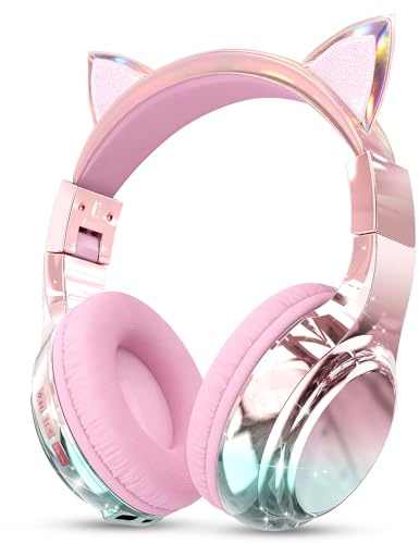 QearFun Kids Cat Ear Bluetooth Headphones, 60H Playtime, 74/85/94dB Safe Volume Limit, Metallic Gradient Wireless Headset with Mic, Fast Charging, Foldable, Wired Mode for Girls School/Tablet/Travel