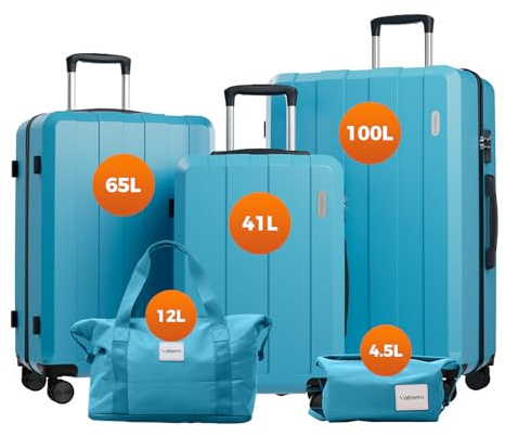 Vallsero Set di valigie, trolley, valigia da viaggio, 5 pezzi, ABS, lucchetto TSA, include 1 borsa da viaggio e 1 beauty case, 4 ruote, manico telescopico in alluminio, Azzurro, Set di valigie di