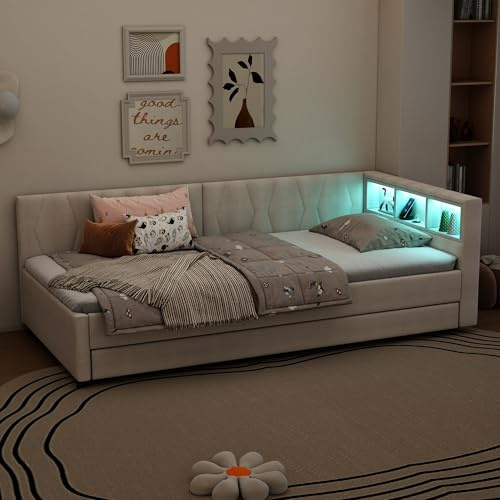 NovaFurnish Tagesbett 90x200cm, Ausziehbares Schlafsofa mit Ablage, USB+Typ C, LED, Lattenrost i.L. (o. Matratze), Leinen, Beige