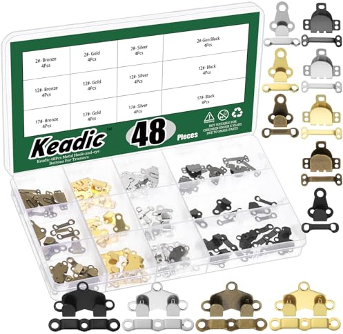 Keadic Juego de 48 pares de botones y ganchos surtidos, juego de cierre de pantalones de metal de alta calidad, ganchos de costura y cierre de ojos para pantalones, ropa, falda, vestido, sujetadores