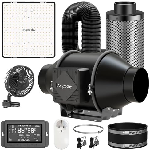 Aygrochy Chambre de Culture Tente de Culture Kit Complet avec Minuteur et Lampe de croissance LED 100W EVO, Système Ventilation,Ventilateur de gaine de 100 mm et filtre à charbon actif