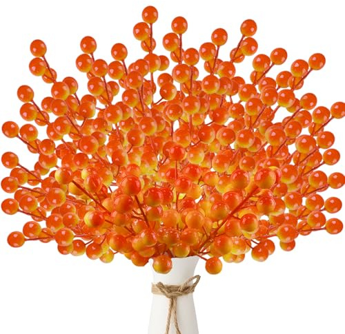 Morofme 40 Stück Künstliche Beerenzweige, Orange-rote Beeren Deko Weihnachten 21cm, Stechpalmenbeeren Weihnachtsbeeren, für Kranz, Bastelarbeit, Weihnachtsbaum, Zuhause, Geschenk Herbst Dekoration