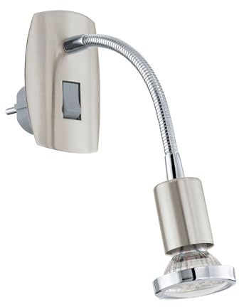 EGLO Mini LED-uttagsspot, uttagslampa med strömbrytare och flexibel arm | svängbar lampa för eluttaget, av silver- och kromfärgat stål, sockel: GU10, inklusive