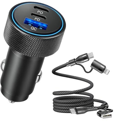 Ankuee Chargeur de voiture USB C, 3 ports 82,5 W, double PD, adaptateur d'alimentation QC pour véhicule, allume-cigare avec câble de charge rapide, accessoires de charge automobile, universel pour SUV