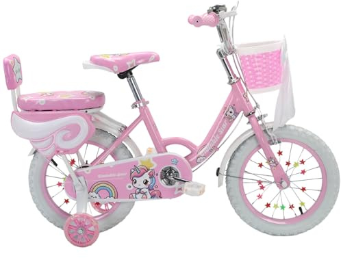 Unicorn Bow Girls Bike Pink Purple, 12/14/16/18/20 Inch, Kids Bike, Children's Bicycle, Child Road Adjustable 2-12 Years Old, Training Wheel, Stabilisers, Basket, Tool Kit (Pink, 12 inch)