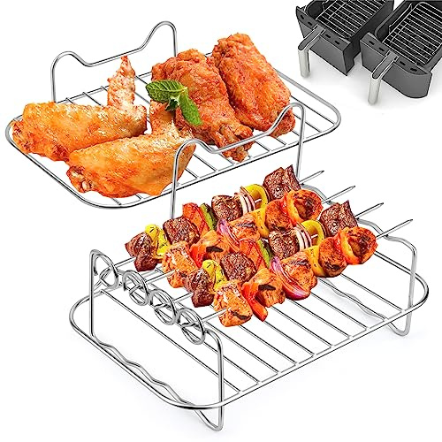 Csuntikulo Accesorios para freidoras de aire caliente, 2 unidades, estructura de doble zona con brochetas, acero inoxidable 304, plata, compatible con Ninja Foodi AF300EU AF400EU, apto para