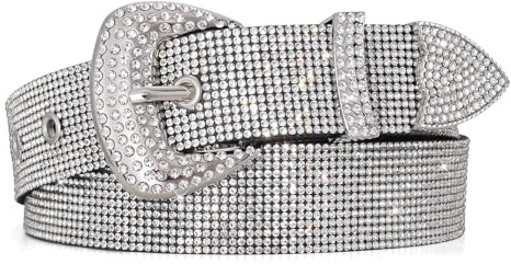 WHIPPY Rhinestones Leather Belts for Women Disco Bling Studded Belt for Jeans Pants Western Cowgirl Shiny Waist Belt, Silver, S