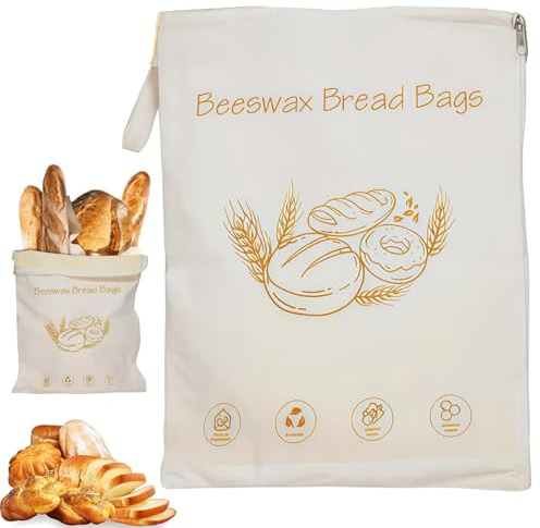 Wide Zipper Access Cotton & Beeswax Bread Bags for Sourdough, Reusable Beeswax Food Storage Bags with Zipper, Large Cotton Beeswax Bread Bags for Sourdough & Homemade Bread