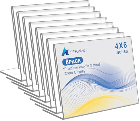 DESONAUT 8 Pack Slanted Back Acrylic Sign Holder 6x4 Inches,Clear Plastic Sign Holder Paper Photo Display，Menu Tabletop Stand,Acrylic Picture Frame，Flyer Holder（Horizontal）